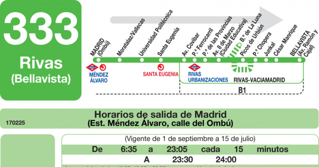 Tabla de horarios y frecuencias de paso en sentido ida Línea 333: Madrid (Conde Casal) - Rivas Urbanización (Covibar II)