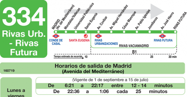 Tabla de horarios y frecuencias de paso en sentido ida Línea 334: Madrid (Conde Casal) - Rivas Urbanización - Rivas Futura