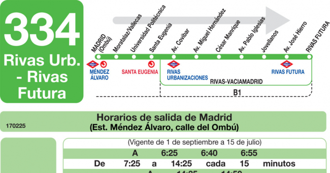 Tabla de horarios y frecuencias de paso en sentido ida Línea 334: Madrid (Conde Casal) - Rivas Urbanización - Rivas Futura