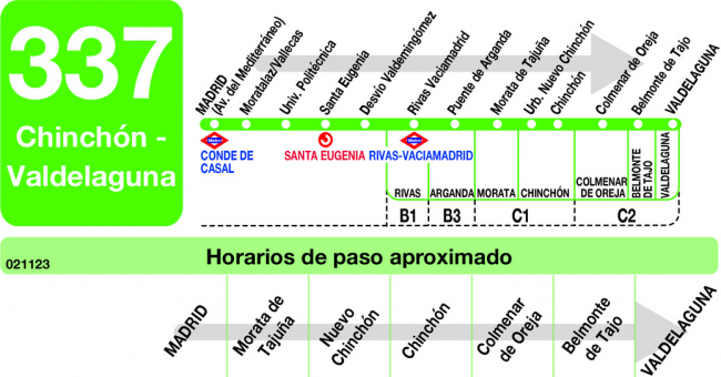 Tabla de horarios y frecuencias de paso en sentido ida Línea 337: Madrid (Conde Casal) - Chinchón - Valdelaguna