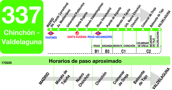 Tabla de horarios y frecuencias de paso en sentido ida Línea 337: Madrid (Conde Casal) - Chinchón - Valdelaguna