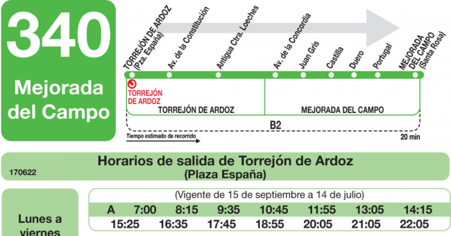 Tabla de horarios y frecuencias de paso en sentido ida Línea 340: Madrid (Avenida América) - Mejorada del Campo