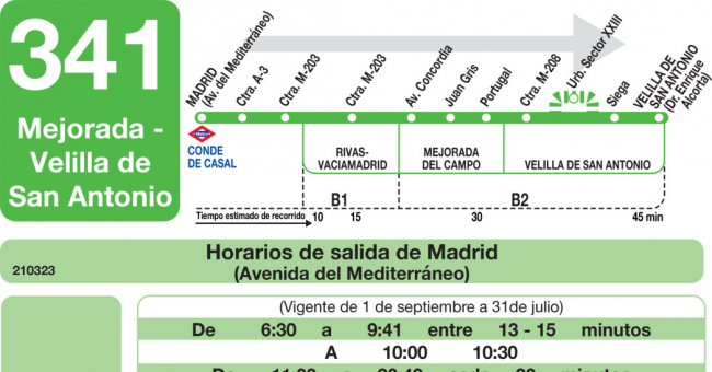 Tabla de horarios y frecuencias de paso en sentido ida Línea 341: Madrid (Conde Casal) - Mejorada - Velilla