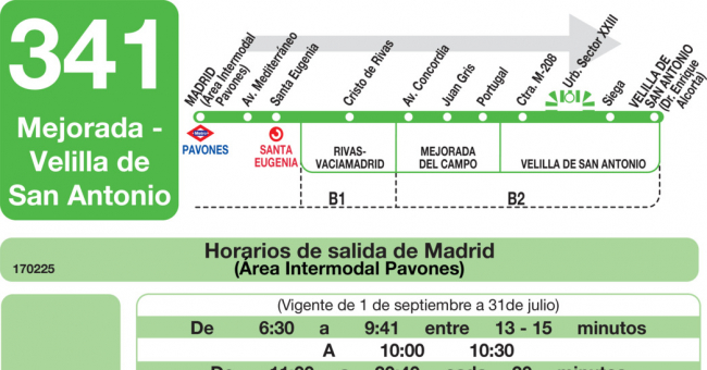 Tabla de horarios y frecuencias de paso en sentido ida Línea 341: Madrid (Conde Casal) - Mejorada - Velilla