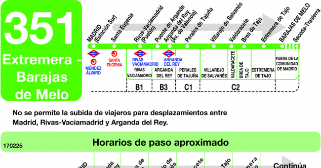 Tabla de horarios y frecuencias de paso en sentido ida Línea 351: Madrid (Ronda Atocha) - Estremera - Barajas de Melo