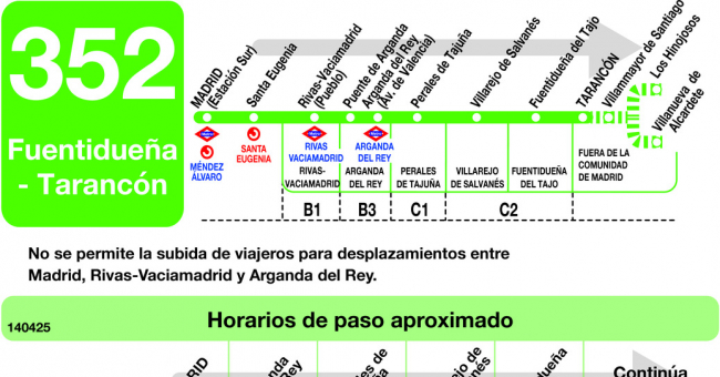 Tabla de horarios y frecuencias de paso en sentido ida Línea 352: Madrid (Ronda Atocha) - Fuentidueña - Tarancon