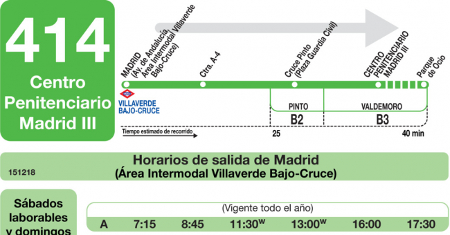 Tabla de horarios y frecuencias de paso en sentido ida Línea 414: Madrid (Villaverde Bajo - Cruce) - Centro Penitenciario Madrid III