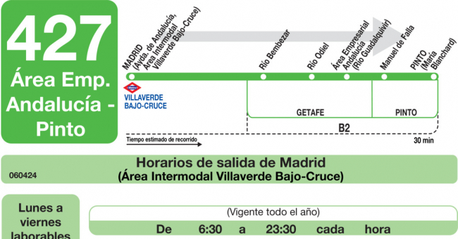 Tabla de horarios y frecuencias de paso en sentido ida Línea 427: Madrid (Villaverde Bajo - Cruce) - Area Empresarial Andalucia - Pinto