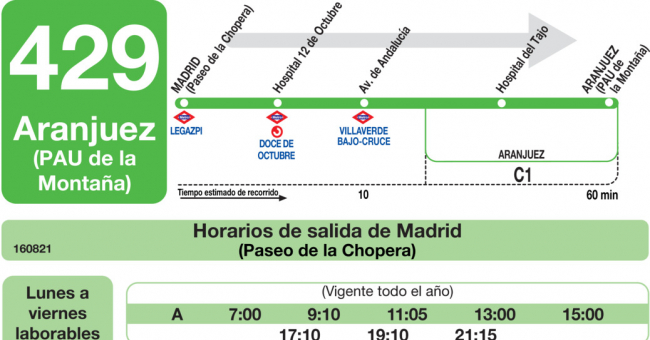 Tabla de horarios y frecuencias de paso en sentido ida Línea 429: Madrid (Legazpi) - Aranjuez (PAU de la Montaña)