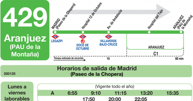 Tabla de horarios y frecuencias de paso en sentido ida Línea 429: Madrid (Legazpi) - Aranjuez (PAU de la Montaña)