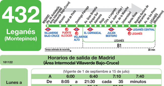 Tabla de horarios y frecuencias de paso en sentido ida Línea 432: Madrid (Villaverde Bajo - Cruce) - Leganés