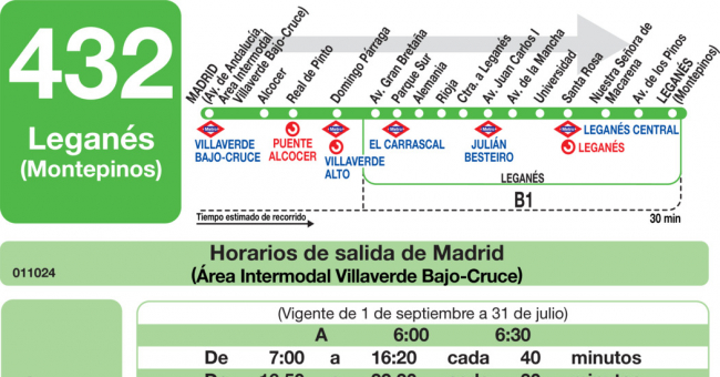 Tabla de horarios y frecuencias de paso en sentido ida Línea 432: Madrid (Villaverde Bajo - Cruce) - Leganés