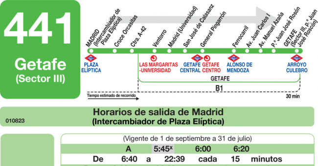 Tabla de horarios y frecuencias de paso en sentido ida Línea 441: Madrid (Plaza Elíptica) - Getafe (Sector III - Paseo Juan José Rosón)