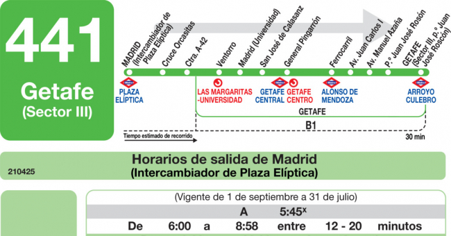 Tabla de horarios y frecuencias de paso en sentido ida Línea 441: Madrid (Plaza Elíptica) - Getafe (Sector III - Paseo Juan José Rosón)