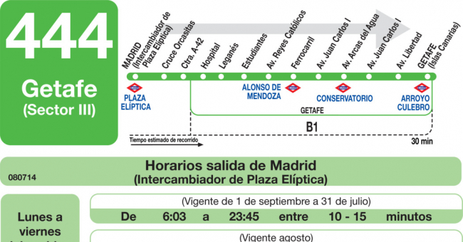 Tabla de horarios y frecuencias de paso en sentido ida Línea 444: Madrid (Plaza Elíptica) - Getafe (Sector III - Islas Canarias)