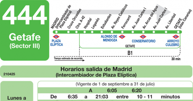 Tabla de horarios y frecuencias de paso en sentido ida Línea 444: Madrid (Plaza Elíptica) - Getafe (Sector III - Islas Canarias)