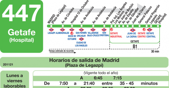 Tabla de horarios y frecuencias de paso en sentido ida Línea 447: Madrid (Legazpi) - Getafe (Hospital)