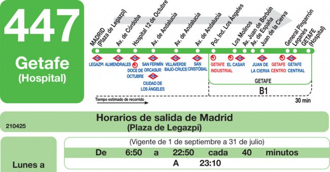 Tabla de horarios y frecuencias de paso en sentido ida Línea 447: Madrid (Legazpi) - Getafe (Hospital)