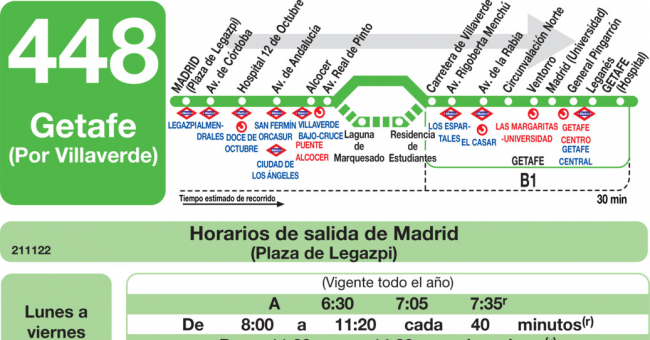 Tabla de horarios y frecuencias de paso en sentido ida Línea 448: Madrid (Legazpi) - Getafe (Villaverde)