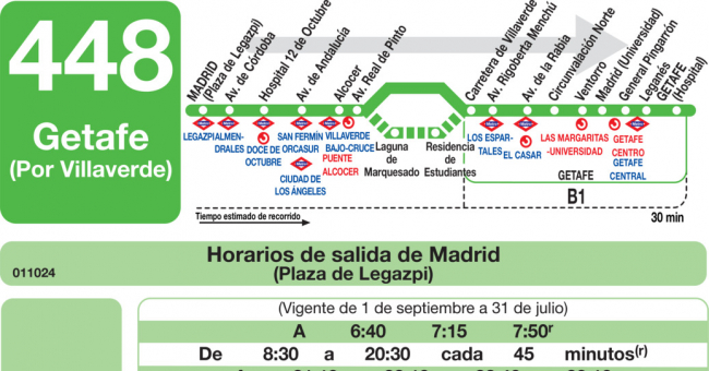 Tabla de horarios y frecuencias de paso en sentido ida Línea 448: Madrid (Legazpi) - Getafe (Villaverde)