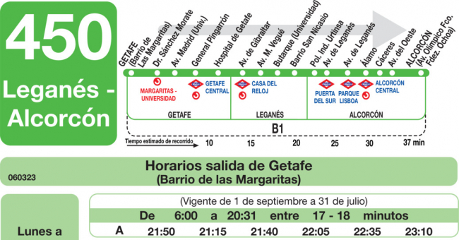 Tabla de horarios y frecuencias de paso en sentido ida Línea 450: Getafe - Leganés - Alcorcón