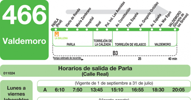 Tabla de horarios y frecuencias de paso en sentido ida Línea 466: Parla - Valdemoro