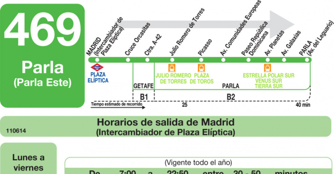Tabla de horarios y frecuencias de paso en sentido ida Línea 469: Madrid (Plaza Elíptica) - Parla (Parla Este - Hospital)