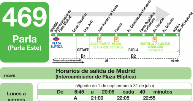 Tabla de horarios y frecuencias de paso en sentido ida Línea 469: Madrid (Plaza Elíptica) - Parla (Parla Este - Hospital)