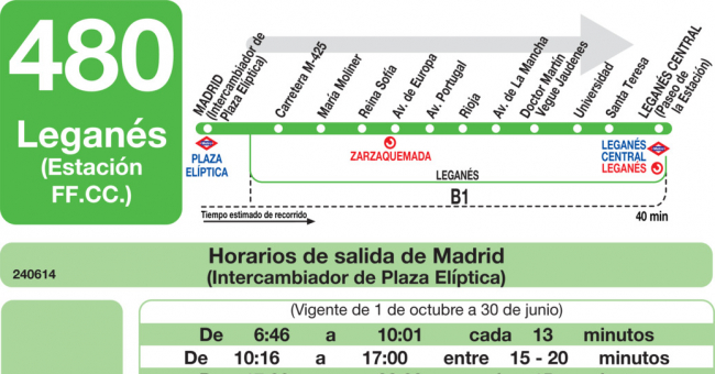 Tabla de horarios y frecuencias de paso en sentido ida Línea 480: Madrid (Plaza Elíptica) - Leganés (Estación Central)
