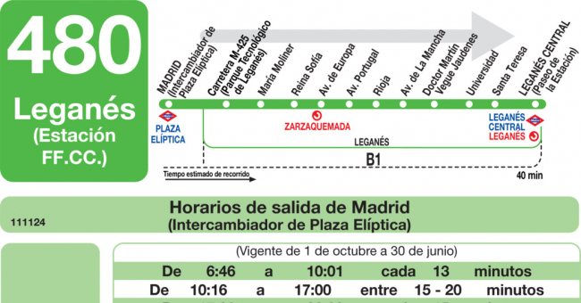 Tabla de horarios y frecuencias de paso en sentido ida Línea 480: Madrid (Plaza Elíptica) - Leganés (Estación Central)
