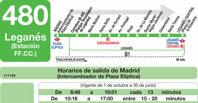 Tabla de horarios y frecuencias de paso en sentido ida Línea 480: Madrid (Plaza Elíptica) - Leganés (Estación Central)