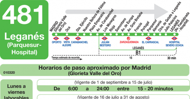Tabla de horarios y frecuencias de paso en sentido ida Línea 481: Madrid (Plaza Elíptica) - Leganés (Parquesur - Hospital)
