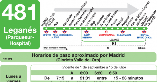 Tabla de horarios y frecuencias de paso en sentido ida Línea 481: Madrid (Plaza Elíptica) - Leganés (Parquesur - Hospital)