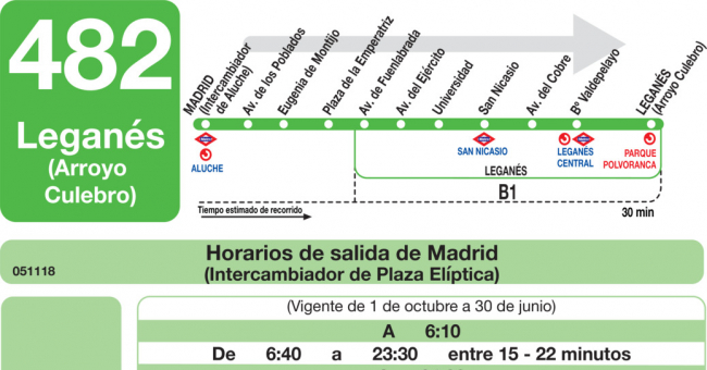 Tabla de horarios y frecuencias de paso en sentido ida Línea 482: Madrid (Aluche) - Leganés - Fuenlabrada (Loranca)
