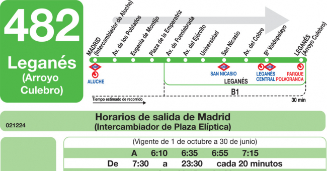 Tabla de horarios y frecuencias de paso en sentido ida Línea 482: Madrid (Aluche) - Leganés - Fuenlabrada (Loranca)