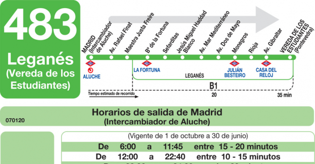 Tabla de horarios y frecuencias de paso en sentido ida Línea 483: Madrid (Aluche) - Leganés (Vereda de los Estudiantes)
