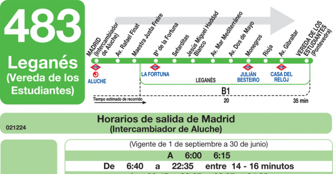 Tabla de horarios y frecuencias de paso en sentido ida Línea 483: Madrid (Aluche) - Leganés (Vereda de los Estudiantes)