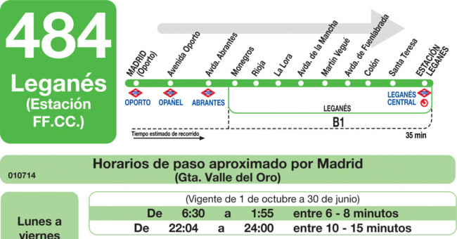 Tabla de horarios y frecuencias de paso en sentido ida Línea 484: Madrid (Oporto) - Leganés (RENFE)