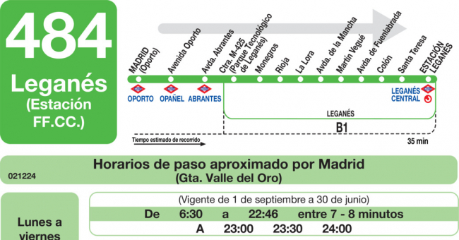 Tabla de horarios y frecuencias de paso en sentido ida Línea 484: Madrid (Oporto) - Leganés (RENFE)