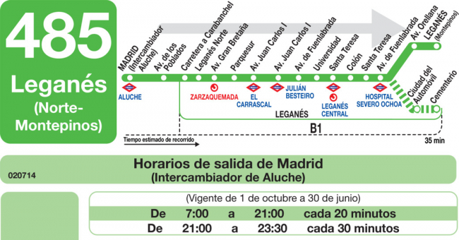 Tabla de horarios y frecuencias de paso en sentido ida Línea 485: Madrid (Aluche) - Leganés (Norte - Montepinos)