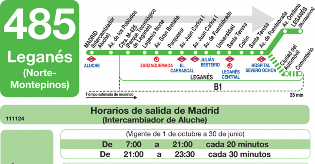 Tabla de horarios y frecuencias de paso en sentido ida Línea 485: Madrid (Aluche) - Leganés (Norte - Montepinos)