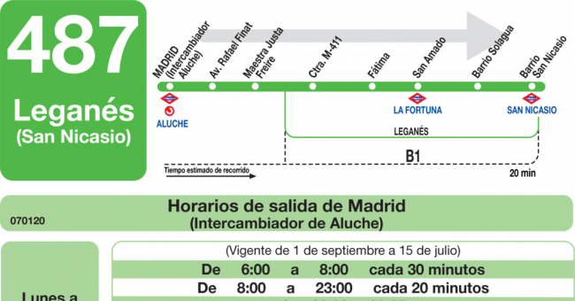 Tabla de horarios y frecuencias de paso en sentido ida Línea 487: Madrid (Aluche) - Leganés (San Nicasio)