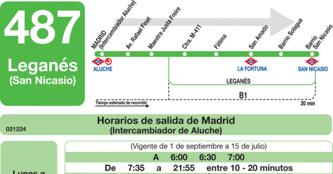 Tabla de horarios y frecuencias de paso en sentido ida Línea 487: Madrid (Aluche) - Leganés (San Nicasio)