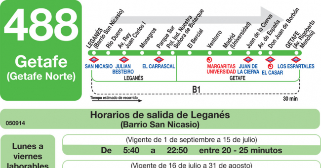 Tabla de horarios y frecuencias de paso en sentido ida Línea 488: Leganés (San Nicasio) - Getafe (Getafe Norte)