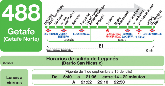 Tabla de horarios y frecuencias de paso en sentido ida Línea 488: Leganés (San Nicasio) - Getafe (Getafe Norte)