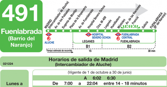 Tabla de horarios y frecuencias de paso en sentido ida Línea 491: Madrid (Aluche) - Fuenlabrada (Barrio del Naranjo)