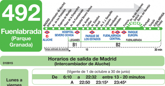 Tabla de horarios y frecuencias de paso en sentido ida Línea 492: Madrid (Aluche) - Fuenlabrada (Paseo de Granada)