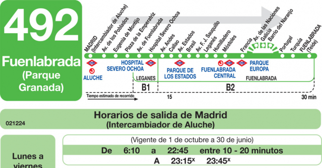 Tabla de horarios y frecuencias de paso en sentido ida Línea 492: Madrid (Aluche) - Fuenlabrada (Paseo de Granada)