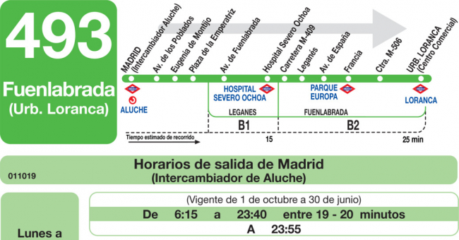 Tabla de horarios y frecuencias de paso en sentido ida Línea 493: Madrid (Aluche) - Fuenlabrada (Urbanización Loranca)
