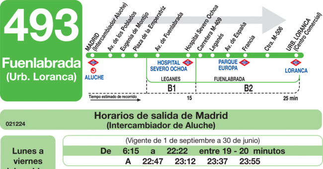 Tabla de horarios y frecuencias de paso en sentido ida Línea 493: Madrid (Aluche) - Fuenlabrada (Urbanización Loranca)